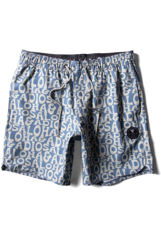 Blue swim shorts with white text pattern on a white background