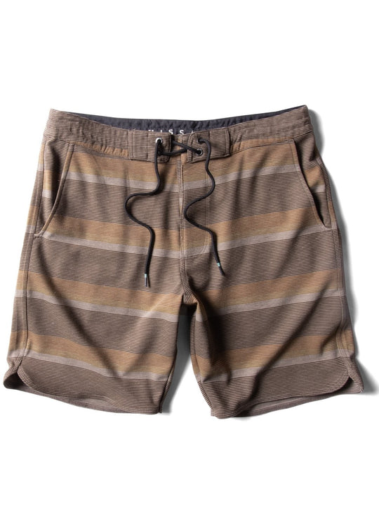 Brown and beige striped shorts on a white background