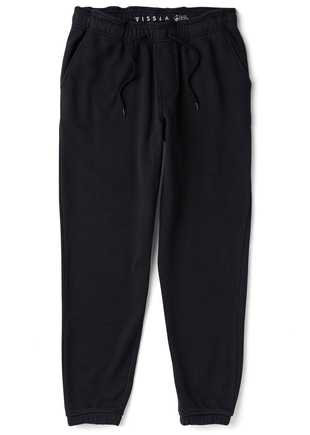 Black jogger pants with a brand logo on a white background