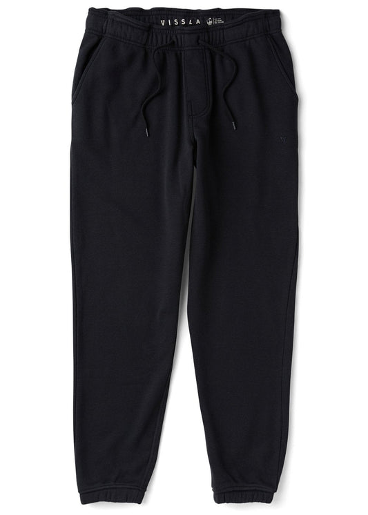 Black jogger pants with a brand logo on a white background