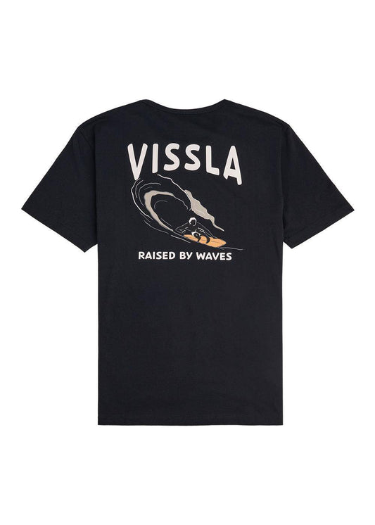 Black t-shirt with 'VISSLA Raised by Waves' graphic on a white background