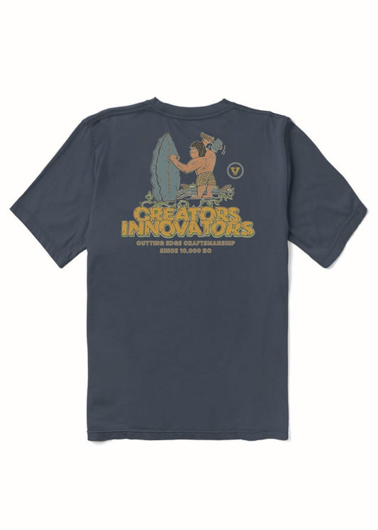 Navy blue t-shirt with graphic design and text on a white background