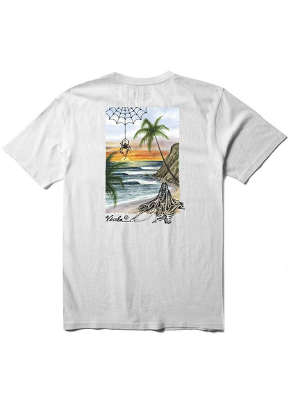 White t-shirt with a graphic of a beach scene and palm trees on a white background