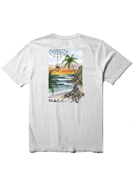 White t-shirt with a graphic of a beach scene and palm trees on a white background