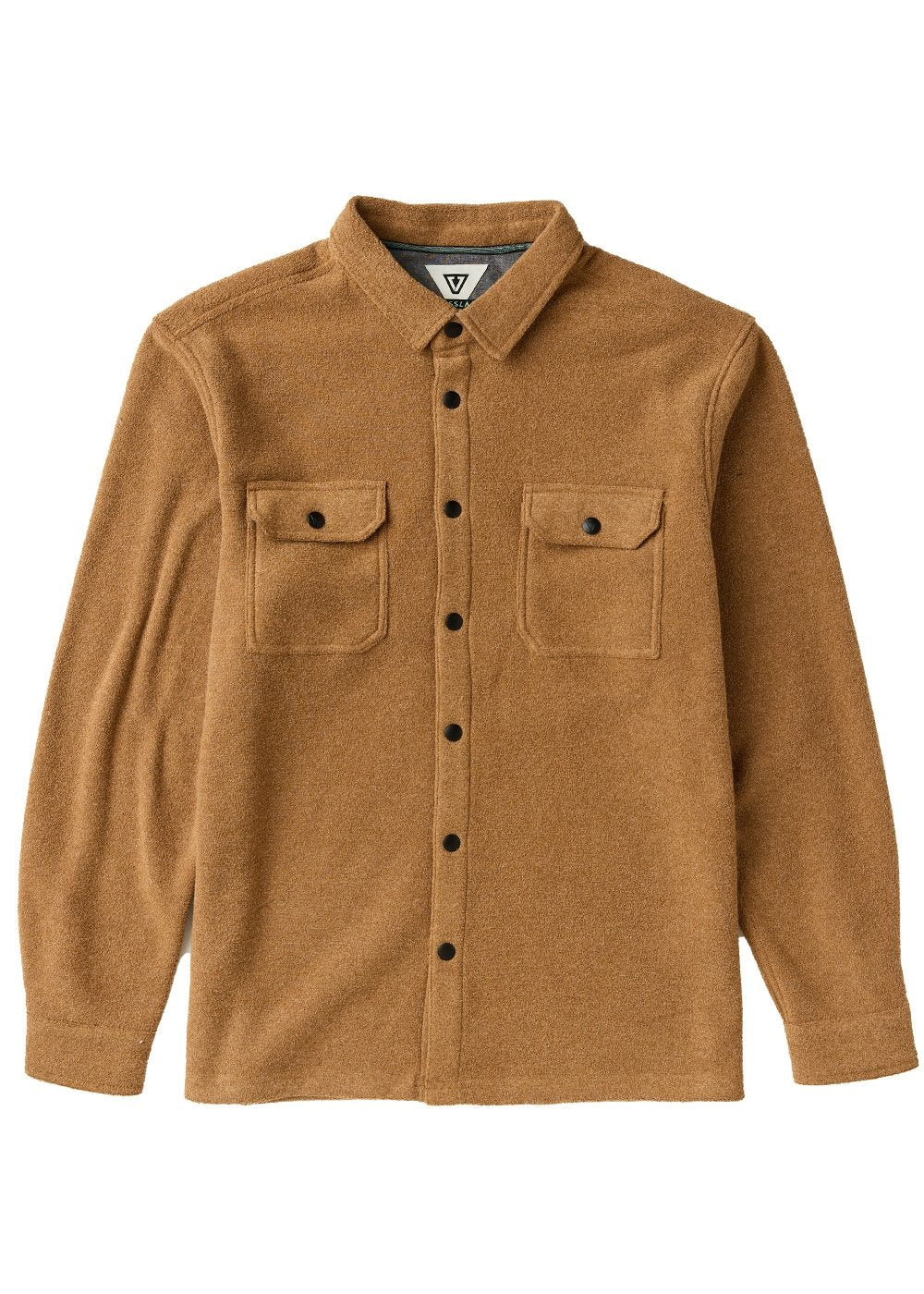 Brown button-up shirt with two chest pockets on a white background