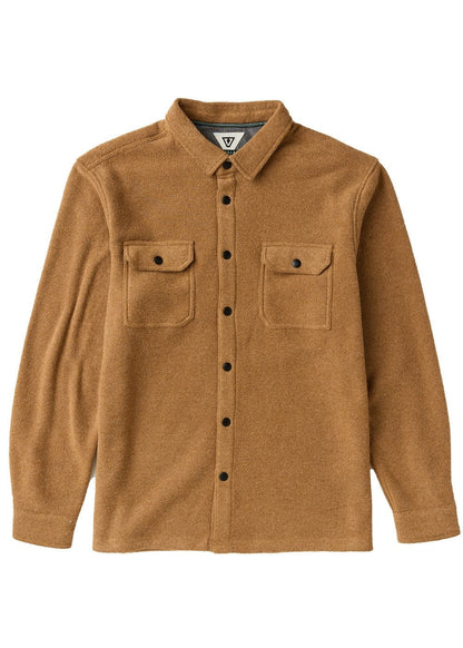 Brown button-up shirt with two chest pockets on a white background