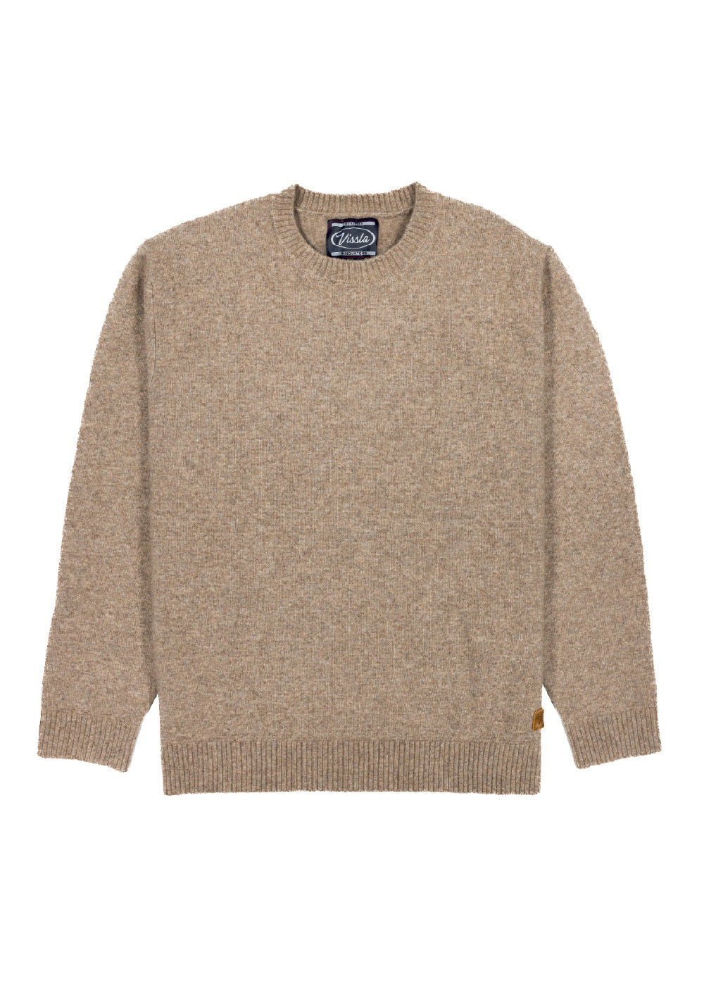 Beige sweater with a brand label on a white background