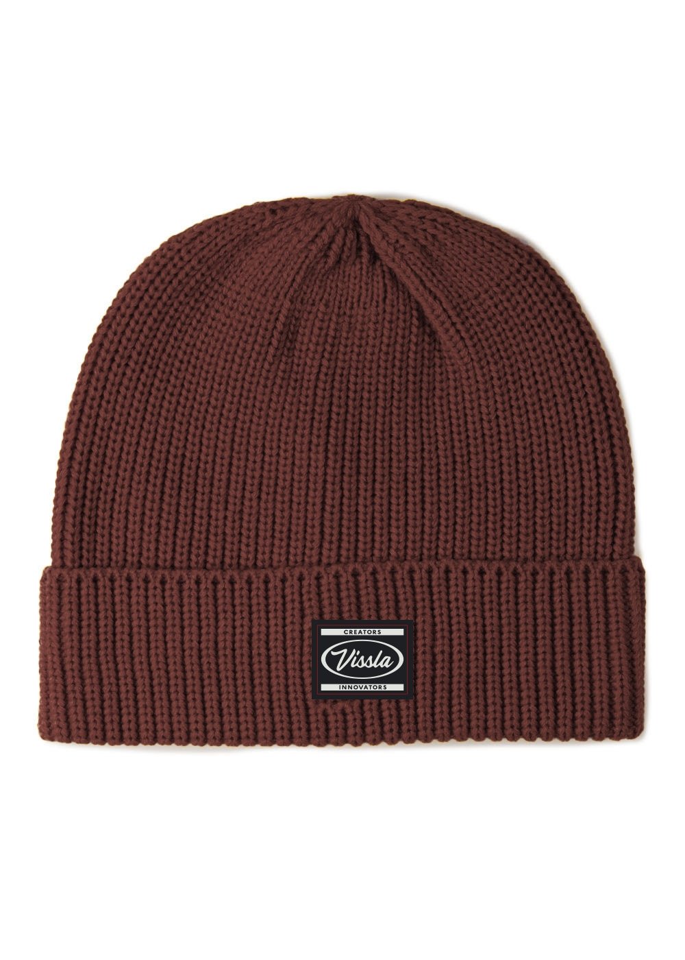 Brown knit beanie with a logo tag on a white background
