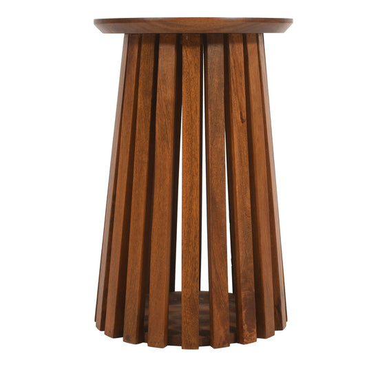 Wooden side table with slatted design on a white background