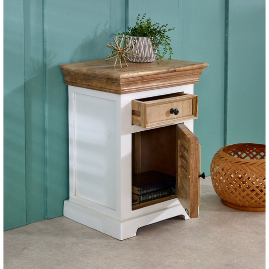 Bianco Solid Mango Wood White Bedside Cabinet with 1 Drawer & 1 Door