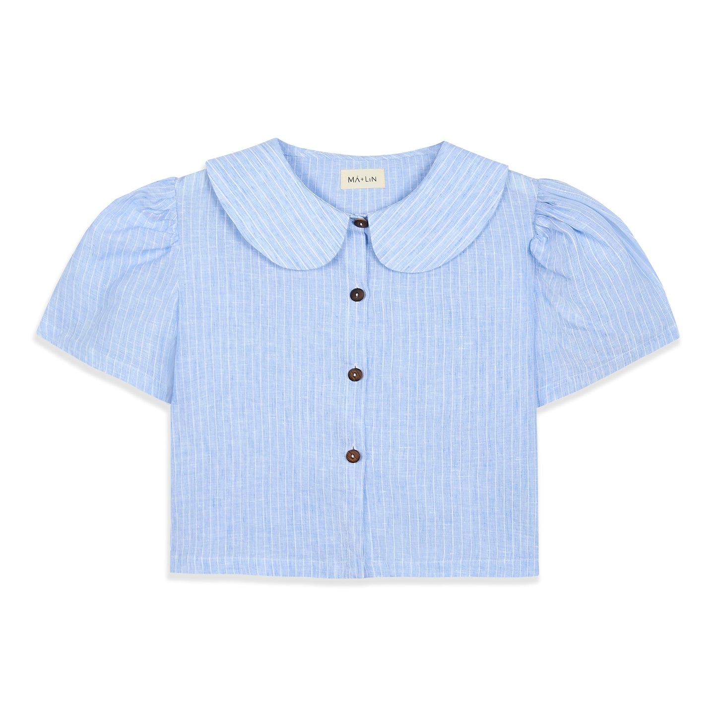 Má + Lin Frances Cropped Linen Blouse in Sky Blue Stripe