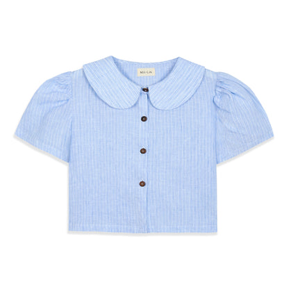 Má + Lin Frances Cropped Linen Blouse in Sky Blue Stripe
