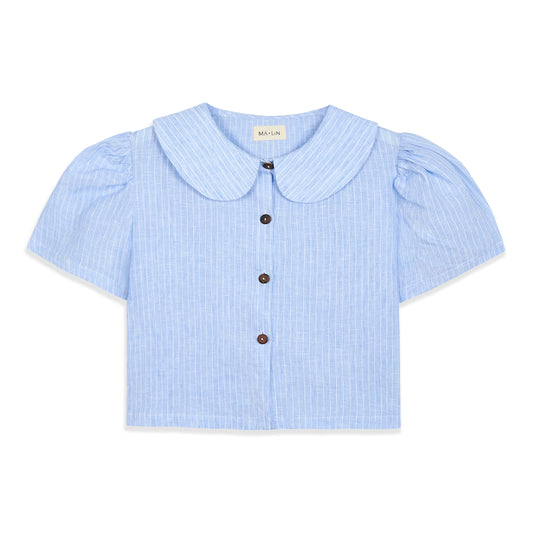 Má + Lin Frances Cropped Linen Blouse in Sky Blue Stripe