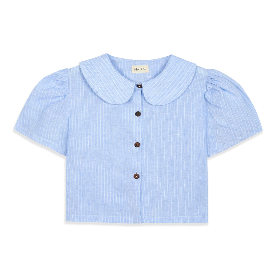 Má + Lin Frances Cropped Linen Blouse in Sky Blue Stripe