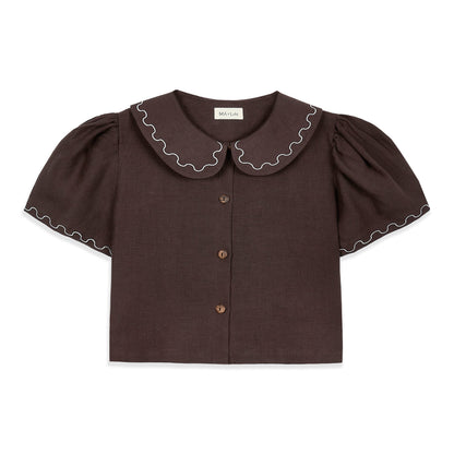 Frances Linen Cropped Blouse with Embroidered Trims  - Chocolate