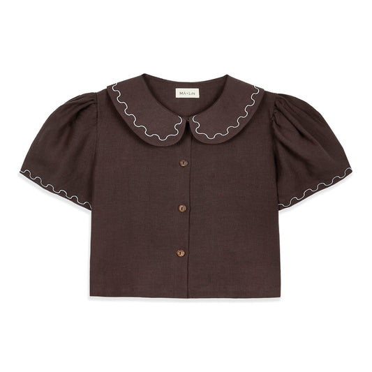 Má + Lin Frances Linen Cropped Blouse with Embroidered Trims - Chocolate