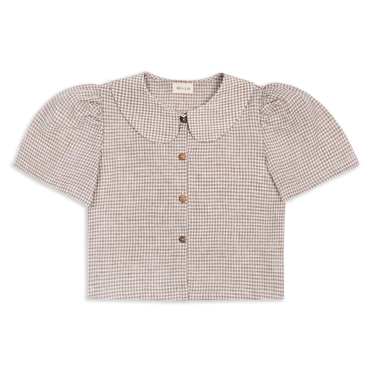 Má + Lin Frances Linen Cropped Blouse  - Fawn Gingham