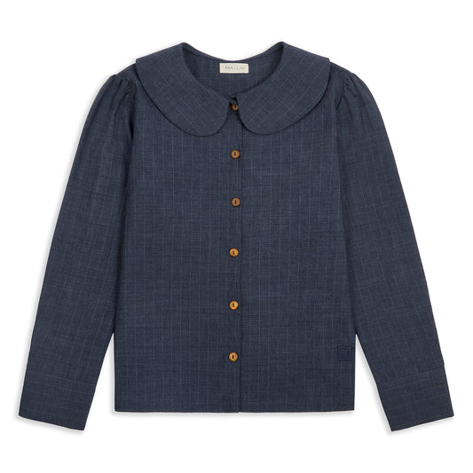 Claudine Wool Linen Overshirt  - Navy Pinstripe