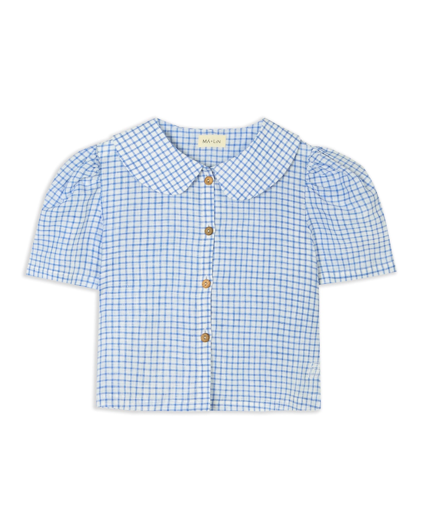 Frances Linen Cropped Blouse  - Royal Blue Gingham