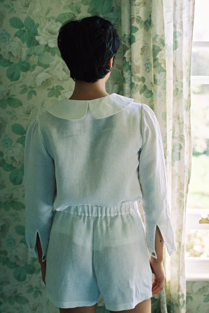 Má + Lin Claudine Long Sleeve Linen Blouse in White