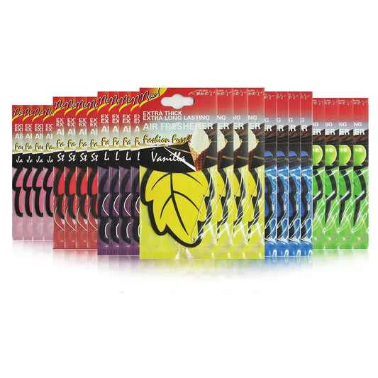 Assorted air freshener packages with colorful packaging on a white background
