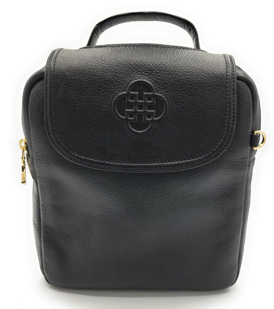 Black leather backpack with a brand logo on a white background