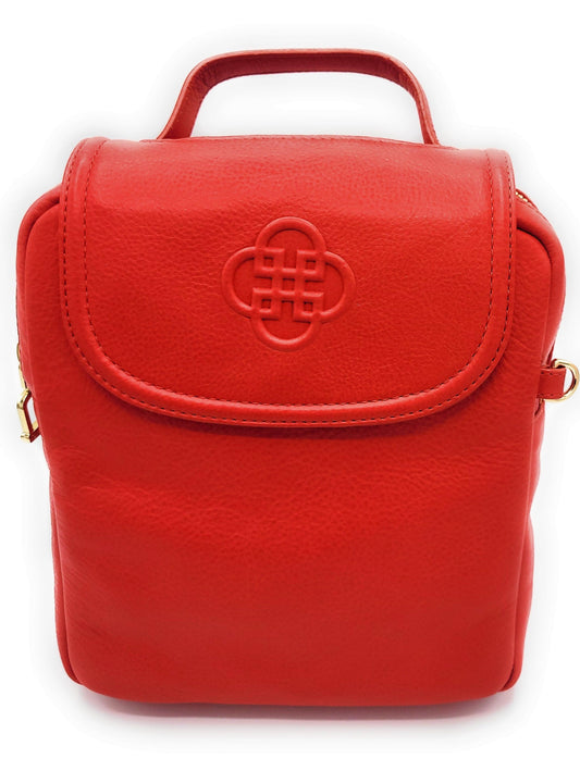 Red backpack with a brand logo on a white background