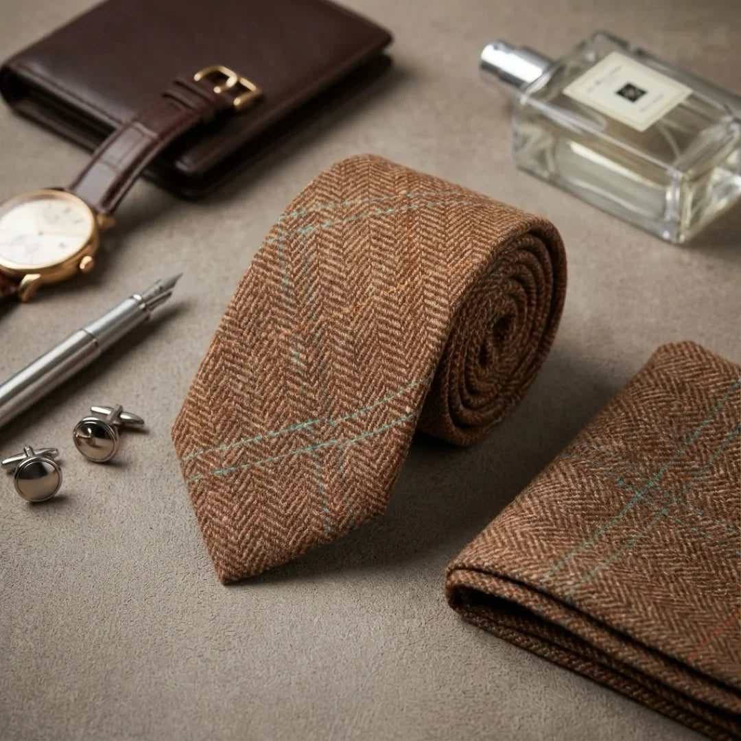 Men's Wool Blend Herringbone Plaid Tweed Tie by TruClothing