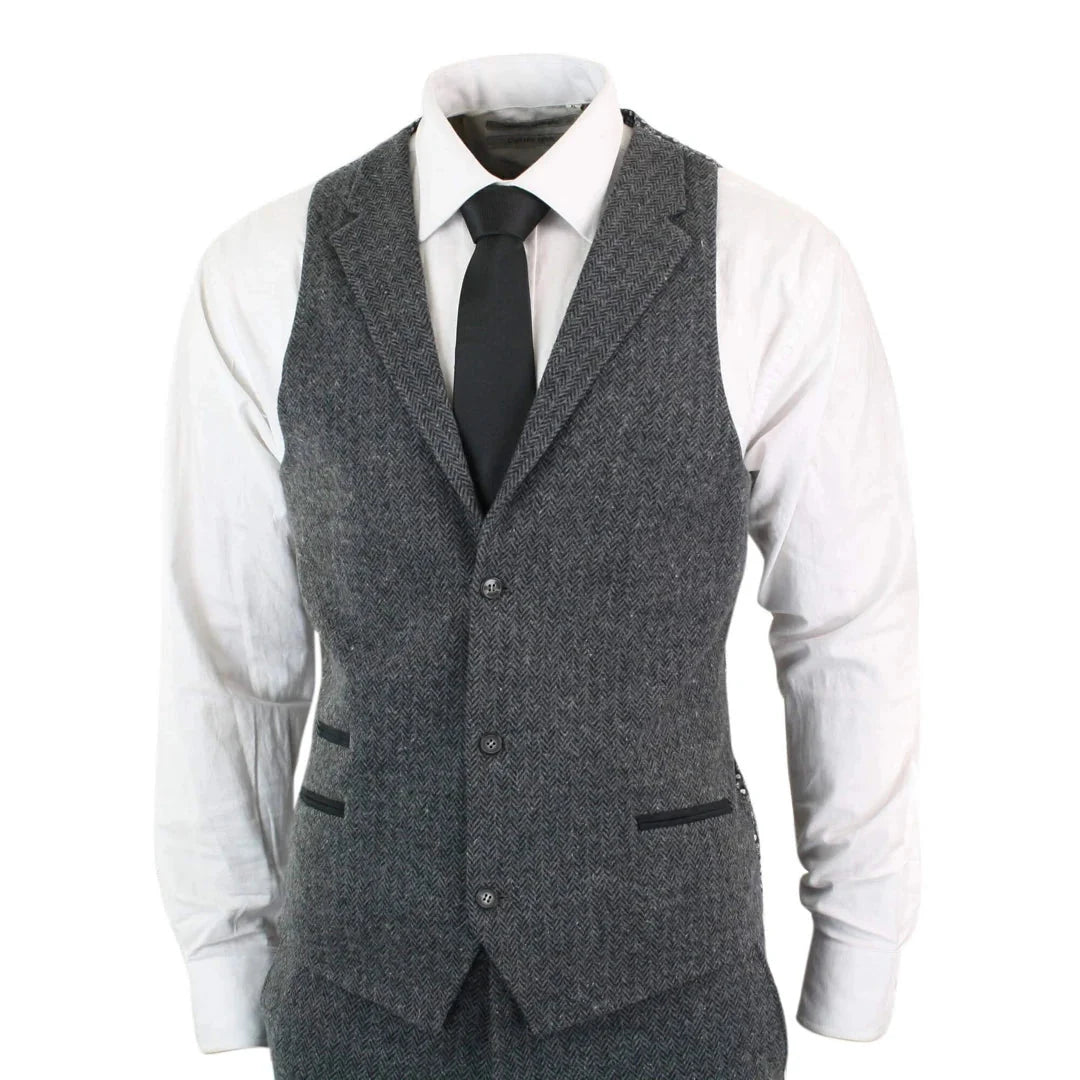 Men's Grey Black Herringbone Wool Tweed 3 Piece Suit