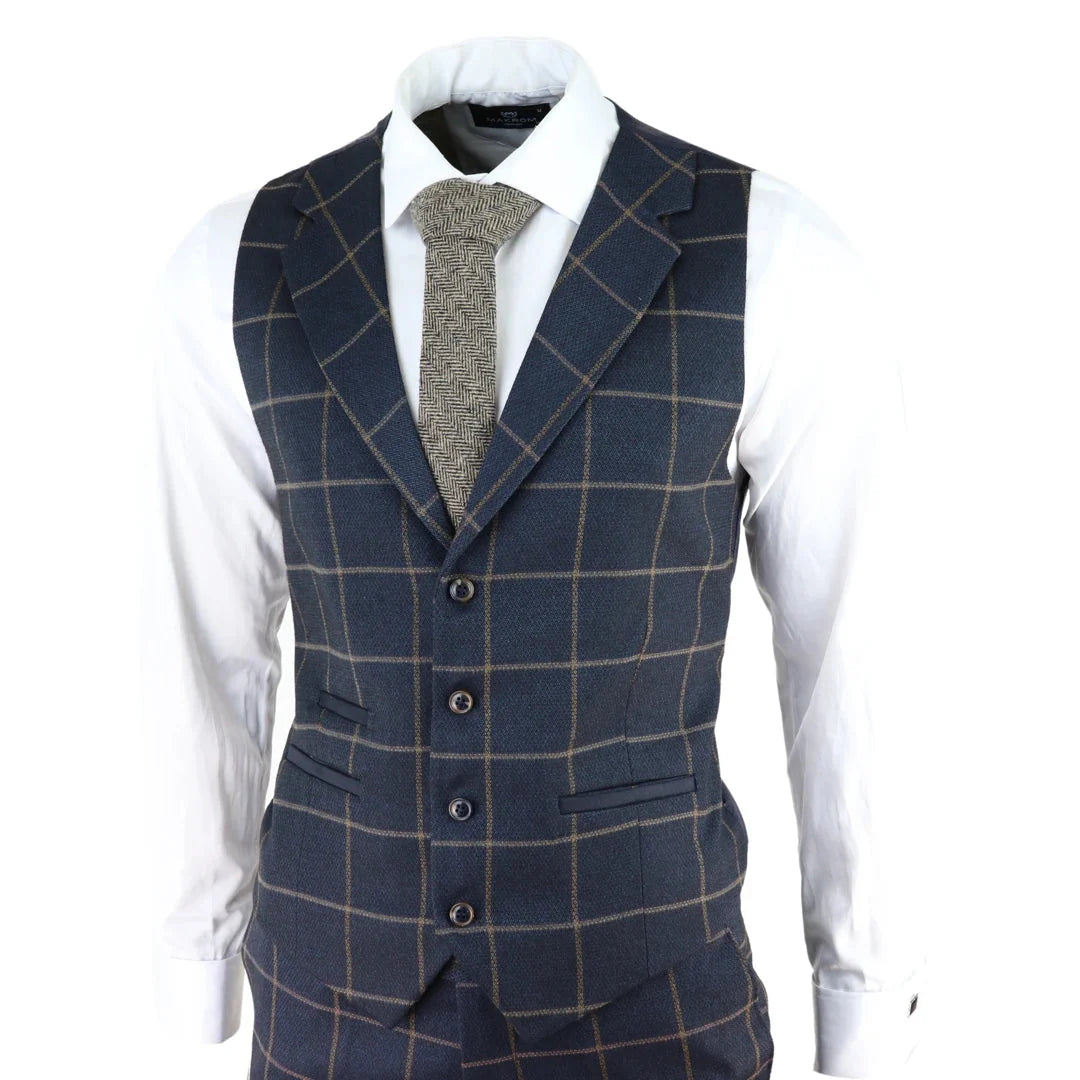 Men's Herringbone Tweed Navy Check 3 Piece Wool Suit