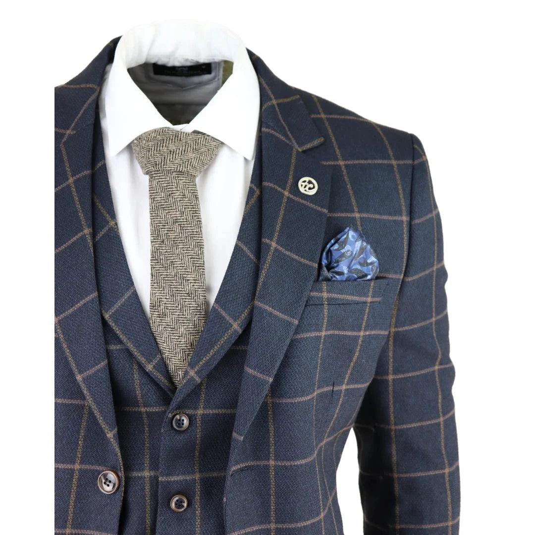 Men's Herringbone Tweed Navy Check 3 Piece Wool Suit
