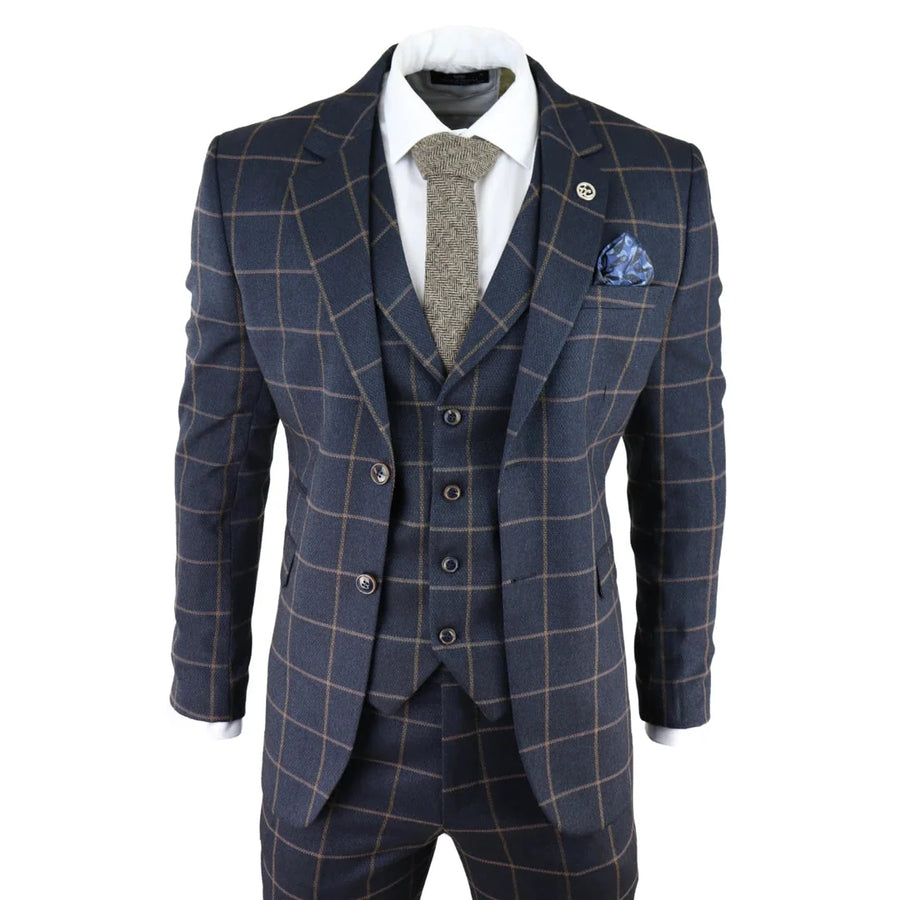 Men's Herringbone Tweed Navy Check 3 Piece Wool Suit