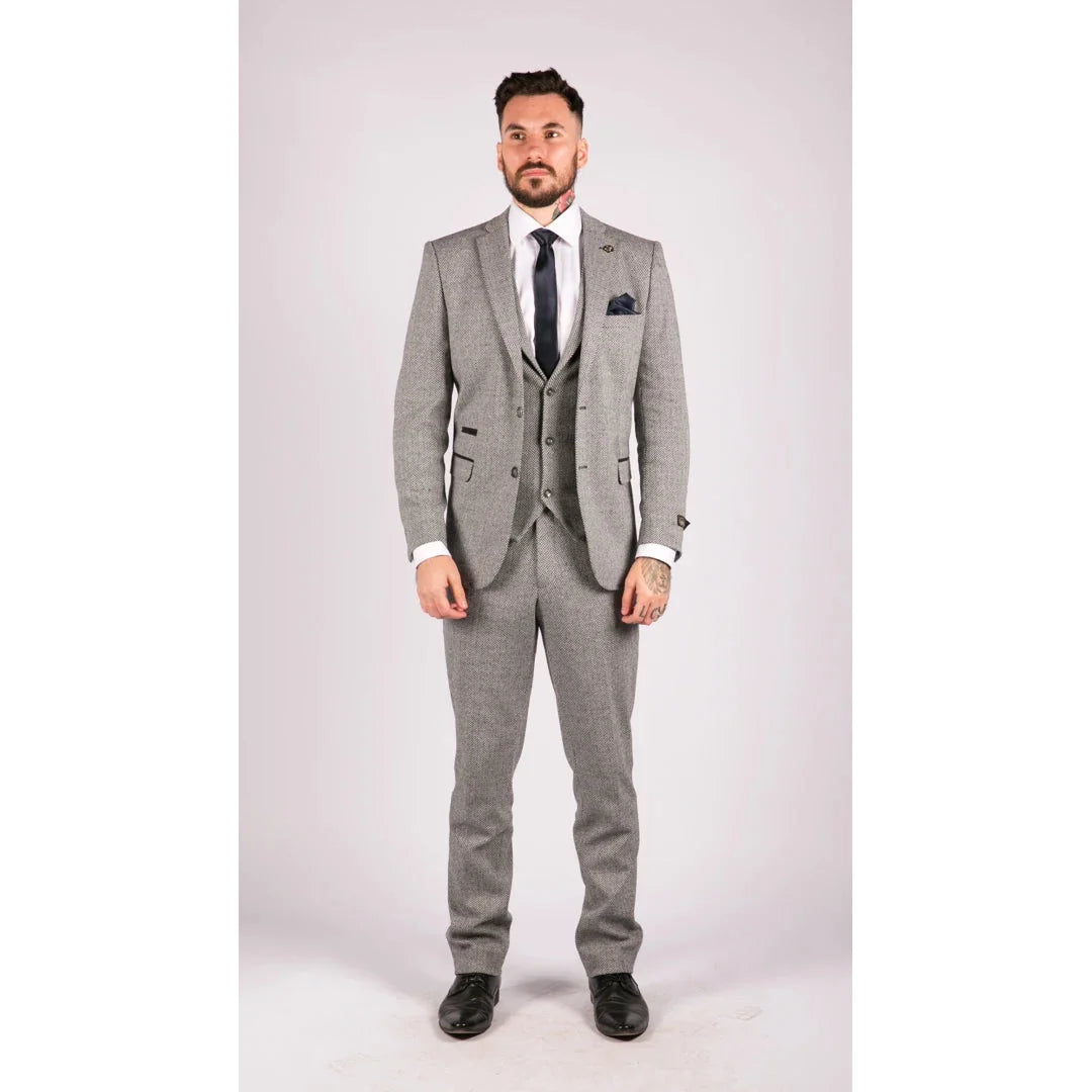 Men's Light Grey Herringbone Wool Tweed 3 Piece Suit