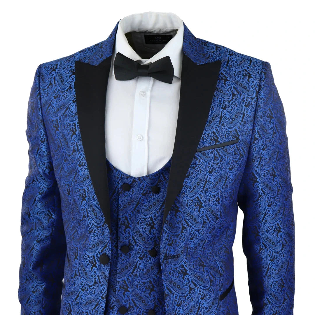 Men's Black Blue Paisley Tuxedo Blazer and Waistcoat Dinner Jacket