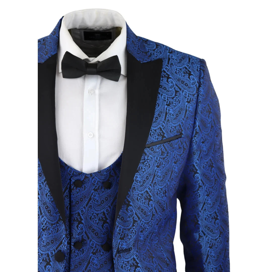 Men's Black Blue Paisley Tuxedo Blazer and Waistcoat Dinner Jacket