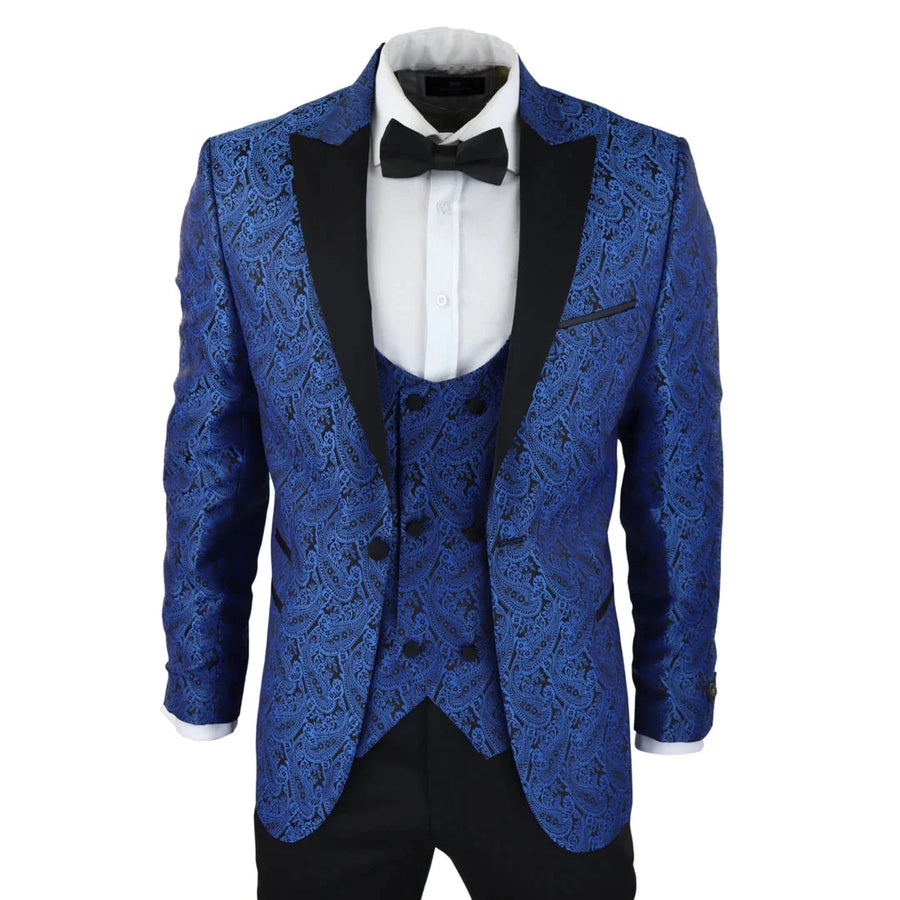 Men's Black Blue Paisley Tuxedo Blazer and Waistcoat Dinner Jacket