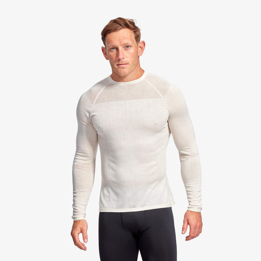 Man wearing a white long-sleeve athletic shirt on a white background