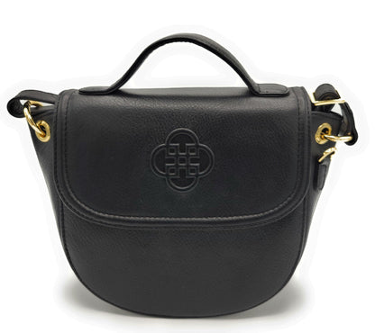Black handbag with gold accents on a white background