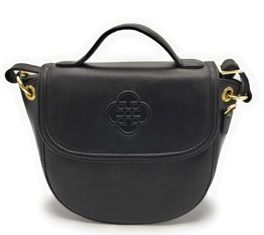 Black handbag with gold accents on a white background