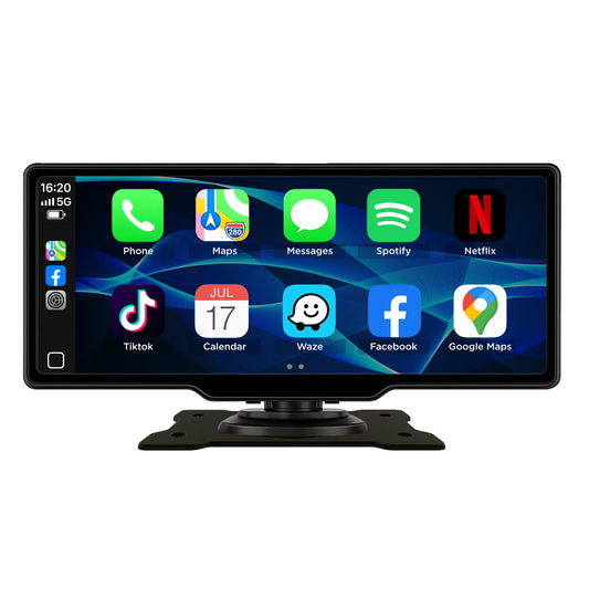 Car multimedia display with app icons on a white background