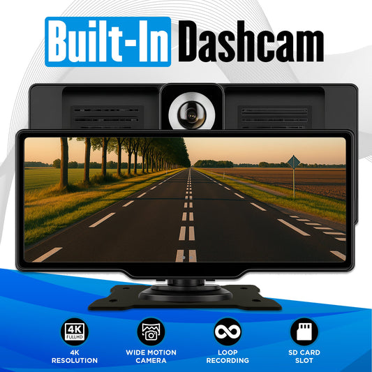 Car dashboard with built-in dashcam displaying a road scene, featuring text and icons on a blue and white background.