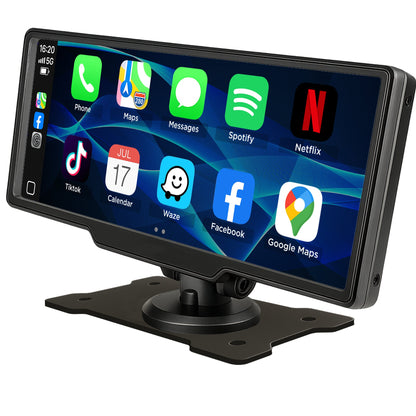 Car dashboard display with app icons on a white background