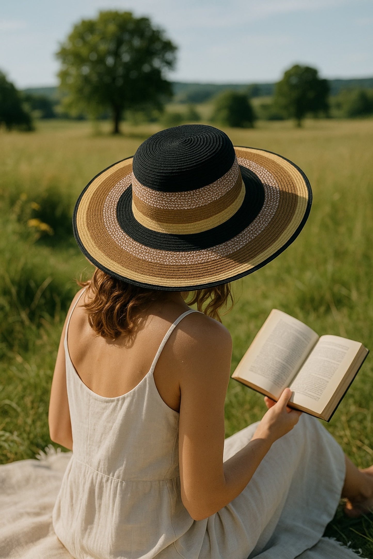Delinda Black, Gold and Natural Striped Straw Hat