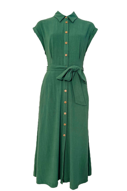 Green dress with button details on a white background