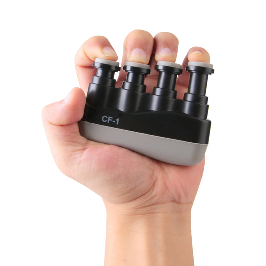 Hand holding a black and gray finger exerciser with 'CF-1' branding on a white background
