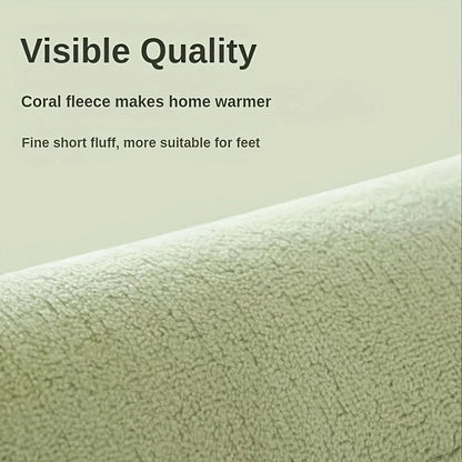 Close-up of green coral fleece fabric with text about its warmth and texture.