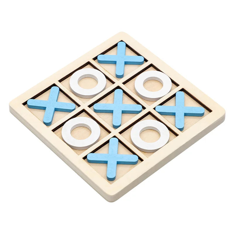 Wooden tic-tac-toe game with blue and white pieces on a white background