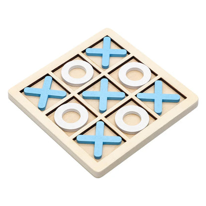 Wooden tic-tac-toe game with blue and white pieces on a white background