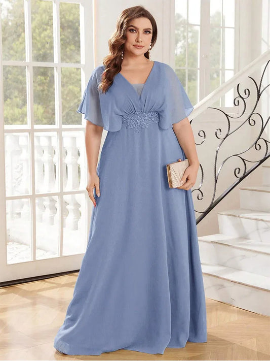 Vestido de noche de gasa de talla grande - Vestido de dama de honor con escote en V