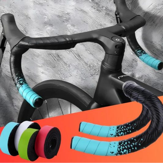 Bicycle handlebar with colorful tape and Bucklos branding on a gray and orange background